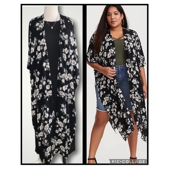 torrid Other - Torrid Black & White Floral Split Sides Long Dressy Casual Kimono Size 3/4 (2X)